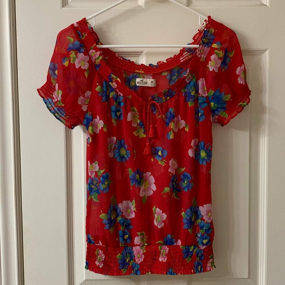 🌷3 for $25🌷Hollister, US M, Red, Blue & Pink Floral Sheer Short Sleeve Blouse